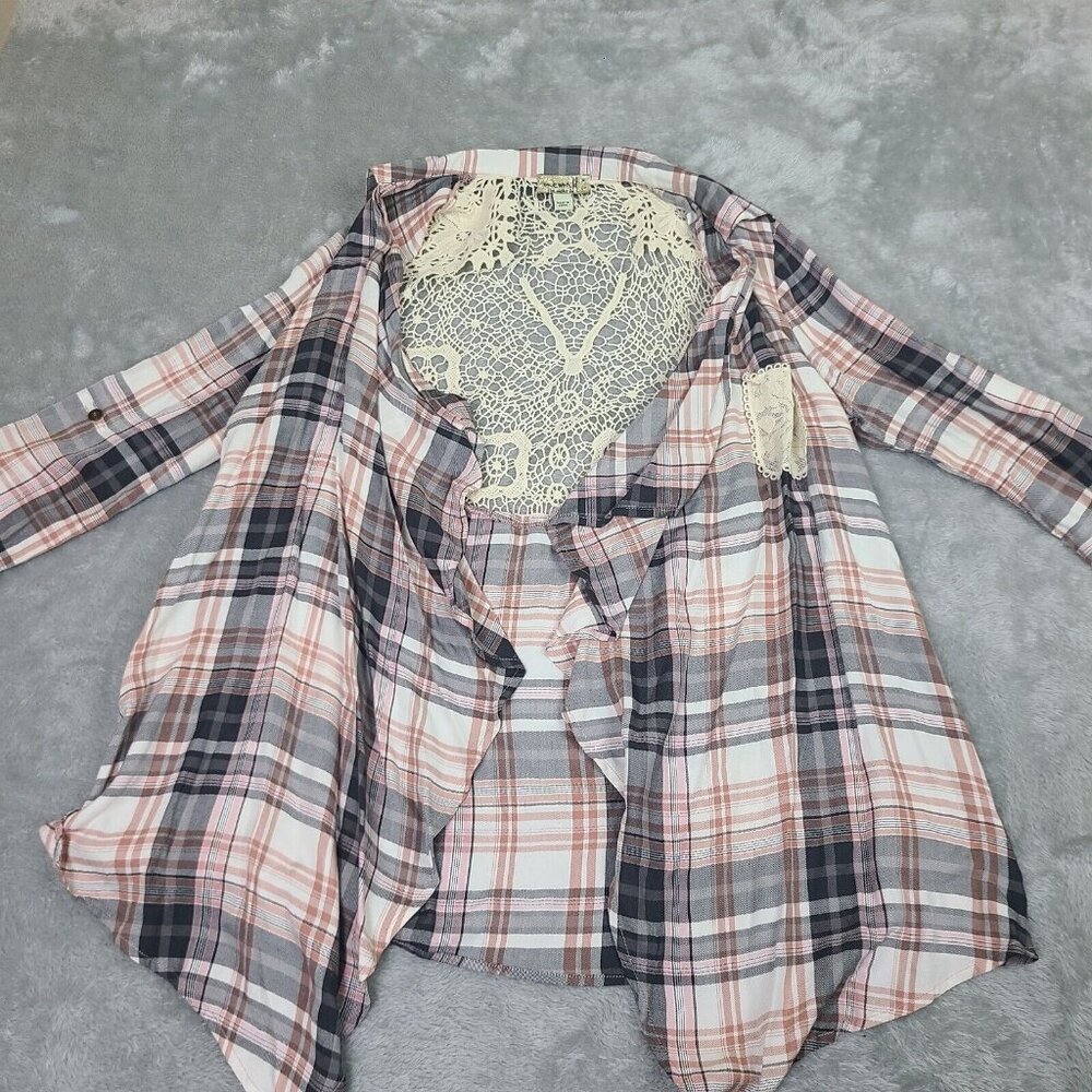 One World Womens Cardigan Medium Plaid Lace Back Open Drape Front‎ Waterfall